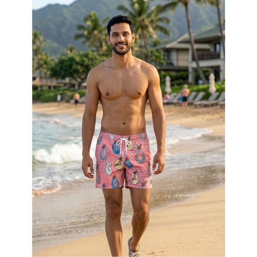 NWT Psycho Tuna Men’s Pink Hawaiian Fish Hooks Print Swim Shorts - Size XL